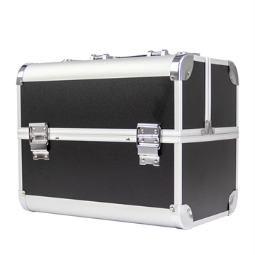 L kosmetisk kuffert i sort glat med sølv til neglelakker og udstyr